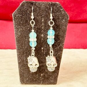 Blue Agate Skull Earrings Day of the Dead Handmade Sugar Skull Dangle Crystal